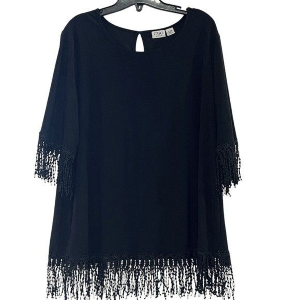 Cato Womens Black Quarter Sleeve Fringe Top Size 14/16